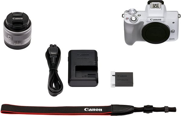 Digitalkamera Canon EOS M50 Mark II weiß + EF-M 15-45 mm f/3.5-6.3 IS STM Packungsinhalt