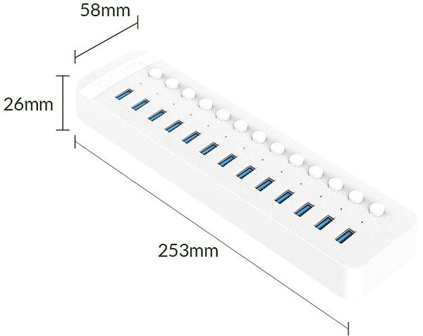 USB Hub Orico USB-A Hub 13x USB 3.0 White Technical draft