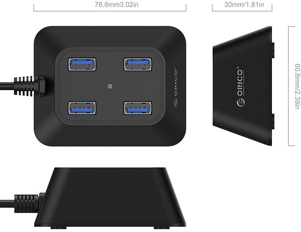 USB Hub Orico USB-A Hub 4xUSB 3.0 Trapezoid Design, Black Technical draft