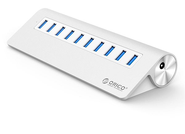 USB Hub Orico USB-A Hub 10 x USB 3.0 Ergonomic mit Stromversorgung Seitlicher Anblick