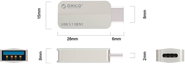 Adapter ORICO USB-C 3.1 Gen1 auf USB OTG Adapter Aluminium Silver Technische Zeichnung