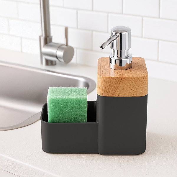 Seifenspender ORION BLACK Wooden Spender für Spülmittel mit Organizer 0,38 l schwarz Kunststoff ...