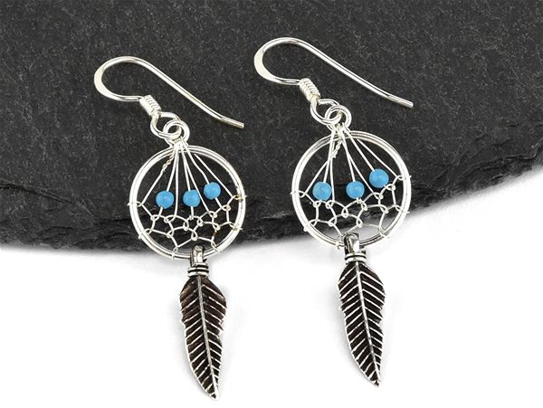 Oriental silver drop earrings, Dreamcatcher with blue stones.