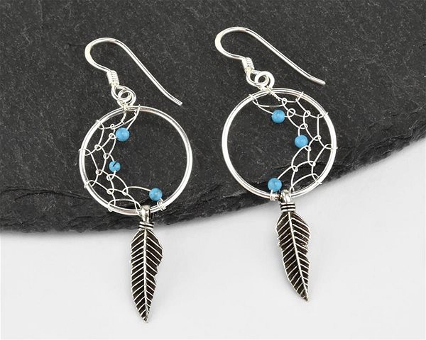 ORIENTAL silver drop earrings, half Dreamcatcher, blue stone.