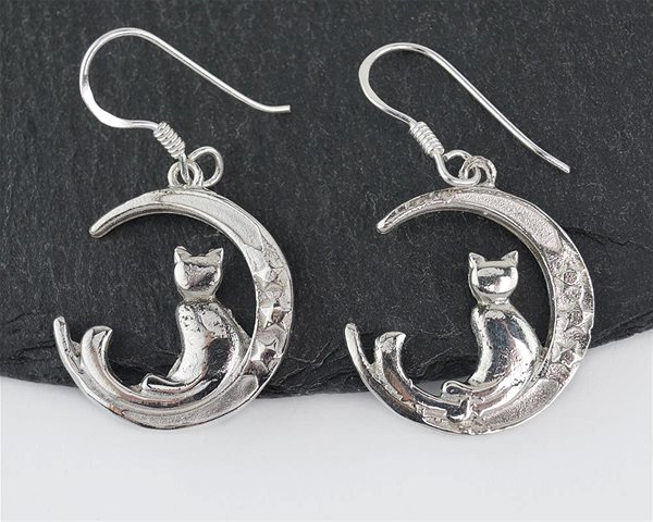 Oriental silver drop earrings Cat on the moon.