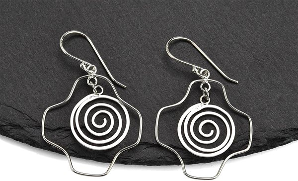 Oriental silver drop earrings spiral with cross.