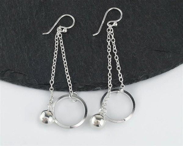 Oriental silver dangling earrings, Chain, circle and ball, 52mm.