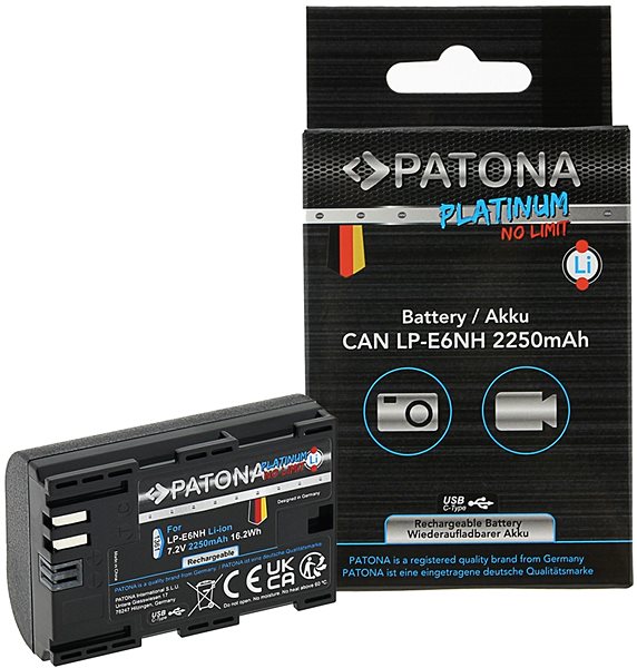 Fényképezőgép akkumulátor PATONA akkumulátor Canon LP-E6NH 2250mAh Li-Ion Platinum USB-C töltéshez ...