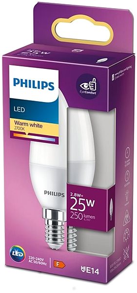 LED žiarovka Philips LED Sviečka 2,8 – 25 W, E14, 2700 K, Mliečna Obal/škatuľka