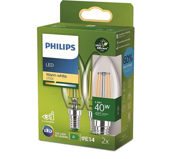 LED Bulb Philips 40W B35 E14 2700K CL UE 2PF/SRT ...