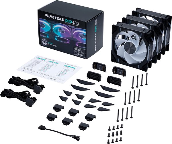 PC ventilátor Phanteks D30 PWM Reverse Airflow D-RGB 3pack 120mm Black Csomag tartalma