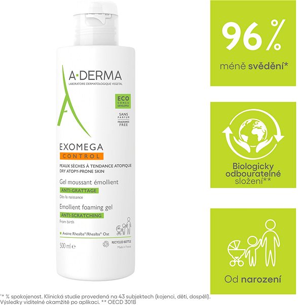 Tusfürdő A-DERMA Exomega Control Hidratáló habzó gél atópiára hajlamos száraz bőrre 500 ml ...