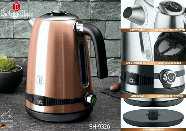 Electric Kettle BERLINGERHAUS Kettle with temperature control 1,7 l Rosegold Metallic Line ...