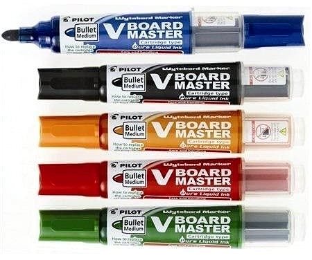 Marker PILOT V-Board Master Set mit 5 Markern + Halter + blauer Schwamm Packungsinhalt