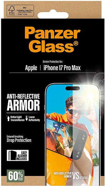 Glass Screen Protector PanzerGlass Apple iPhone 17 Pro Max Anti-Reflective with Installation Frame ...