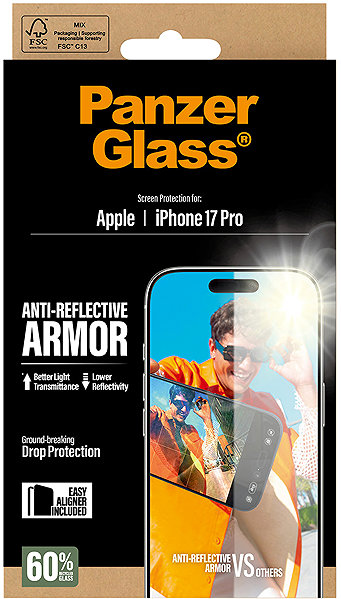 Glass Screen Protector PanzerGlass Apple iPhone 17 Pro Anti-Reflective with Installation Frame ...