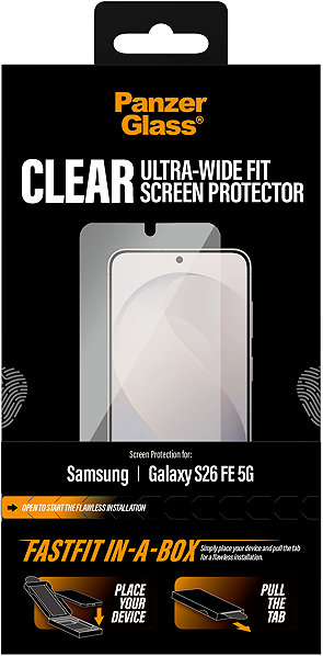 Glass Screen Protector PanzerGlass for the Samsung Galaxy S26 FE 5G with a dust-free installation kit ...