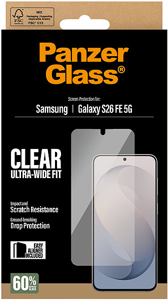 Glass Screen Protector PanzerGlass for the Samsung Galaxy S26 FE 5G with installation frame ...