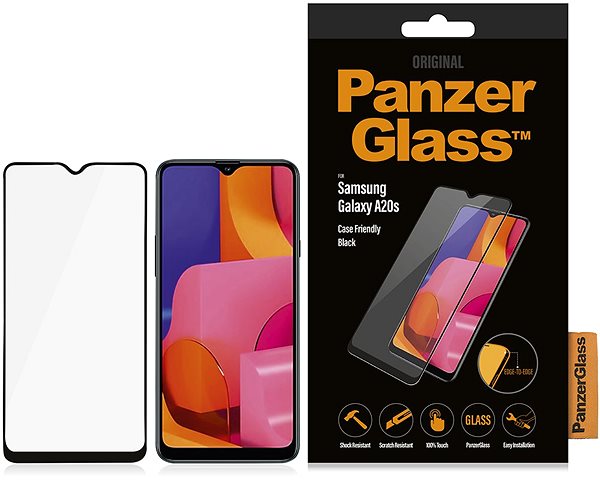 Üvegfólia PanzerGlass Edge-to-Edge Samsung Galaxy A20s készülékhez, fekete Csomagolás/doboz