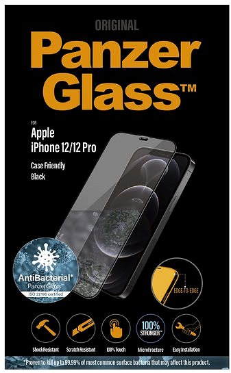 Üvegfólia PanzerGlass Edge-to-Edge Antibacterial Apple iPhone 12/ iPhone 12 Pro üvegfólia - fekete Csomagolás/doboz