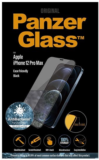 Glass Screen Protector PanzerGlass Edge-to-Edge Antibacterial for Apple iPhone 12 Pro Max, Black Packaging/box