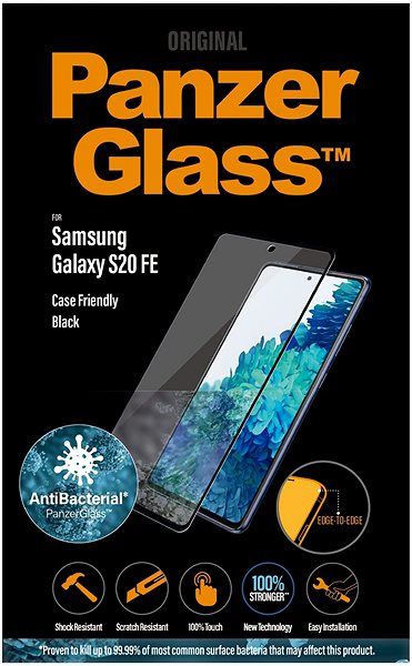 Glass Screen Protector PanzerGlass Edge-to-Edge Antibacterial for Samsung Galaxy S20 FE, Black Packaging/box