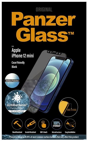 Ochranné sklo PanzerGlass Edge-to-Edge Antibacterial pro Apple iPhone 12 mini černé s Anti-Glare vrstvou Obal/krabička