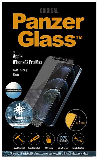 Üvegfólia PanzerGlass Edge-to-Edge Antibacterial Apple iPhone 12 Pro Max-hoz Anti-Glare réteggel, fekete Csomagolás/doboz