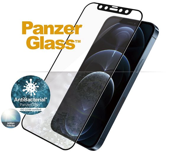 Glass Screen Protector PanzerGlass Edge-to-Edge Antibacterial for Apple iPhone 12 Pro Max, Black, with Anti-Glare Layer Features/technology