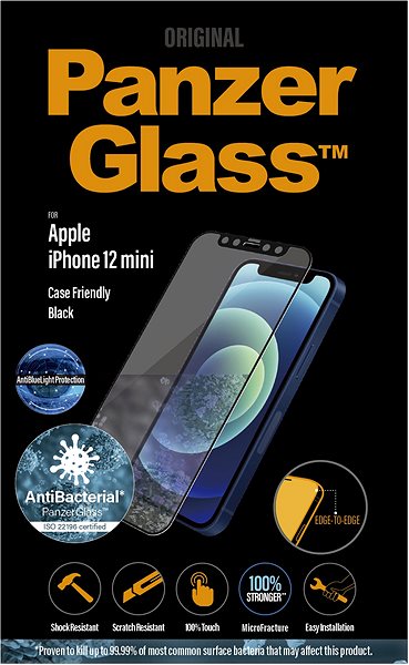 Glass Screen Protector PanzerGlass Edge-to-Edge Antibacterial for Apple iPhone 12 mini, Black, with Anti-BlueLight Coating Packaging/box