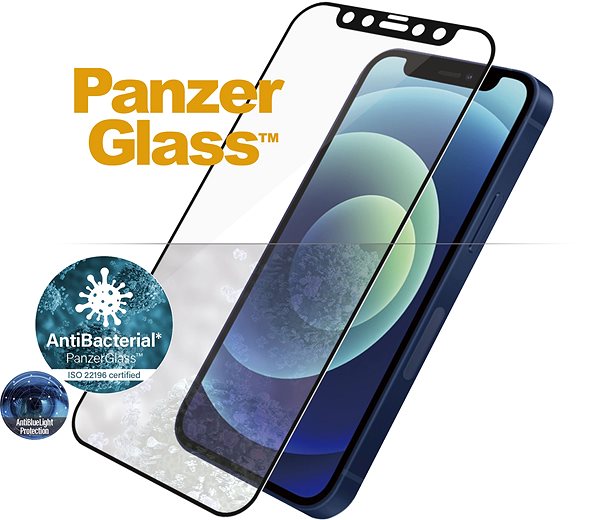 Glass Screen Protector PanzerGlass Edge-to-Edge Antibacterial for Apple iPhone 12 mini, Black, with Anti-BlueLight Coating Features/technology