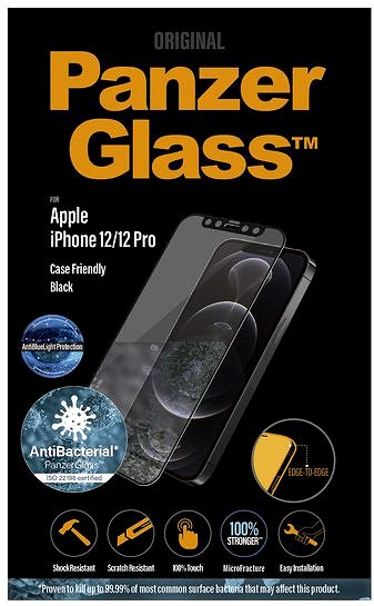 Ochranné sklo PanzerGlass Edge-to-Edge Antibacterial pro Apple iPhone 12/12 Pro černé s Anti-BlueLight vrstvou Obal/krabička