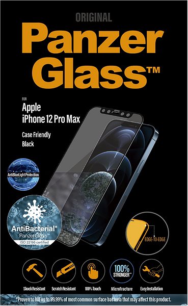 Ochranné sklo PanzerGlass Edge-to-Edge Antibacterial pre Apple iPhone 12 Pro Max čierne s Anti-BlueLight vrstvou Obal/škatuľka