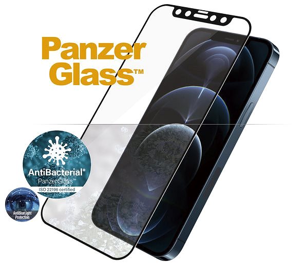 Glass Screen Protector PanzerGlass Edge-to-Edge Antibacterial for Apple iPhone 12 Pro Max, Black, with Anti-BlueLight Layer Features/technology