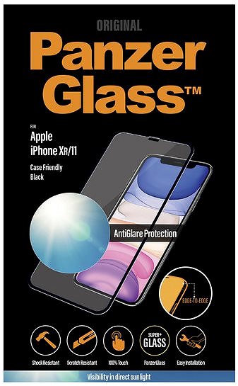 Glass Screen Protector PanzerGlass Edge-to-Edge for Apple iPhone Xr/11, Black, with Anti-Glare Coating Packaging/box