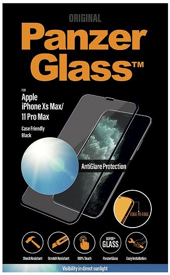 Schutzglas PanzerGlass Edge-to-Edge für Apple iPhone Xs Max / 11 Pro Max Schwarz mit Blendschutz Verpackung/Box