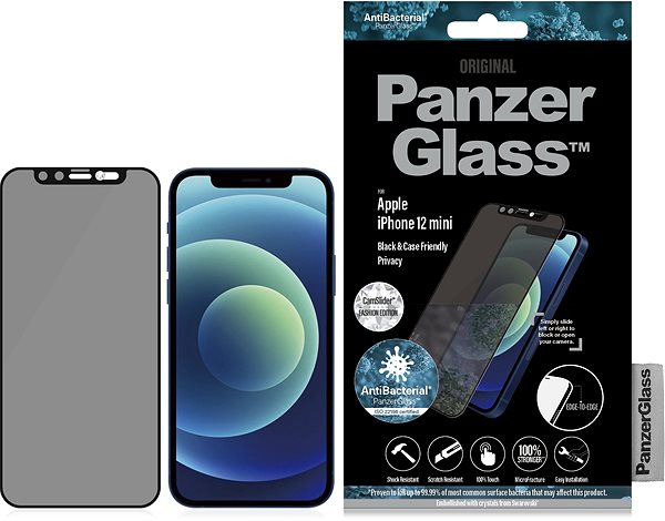 Üvegfólia PanzerGlass Edge-to-Edge Privacy Antibacterial pro Apple iPhone 12 mini fekete Swarowski CamSlider-rel Csomagolás/doboz