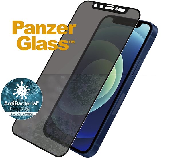 Üvegfólia PanzerGlass Edge-to-Edge Privacy Antibacterial pro Apple iPhone 12 mini fekete Swarowski CamSlider-rel Jellemzők/technológia