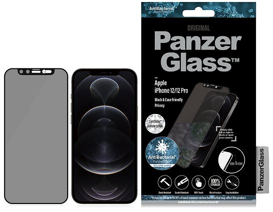 Schutzglas PanzerGlass Edge-to-Edge Privacy Antibacterial für Apple iPhone 12/12 Pro - schwarz mit Swarowski CamSlid Verpackung/Box