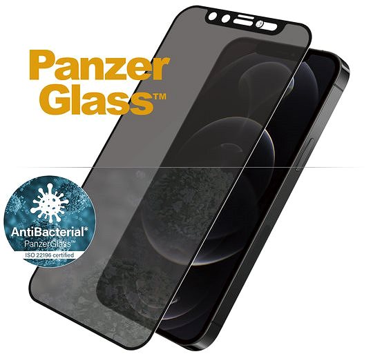 Schutzglas PanzerGlass Edge-to-Edge Privacy Antibacterial für Apple iPhone 12/12 Pro - schwarz mit Swarowski CamSlid Mermale/Technologie