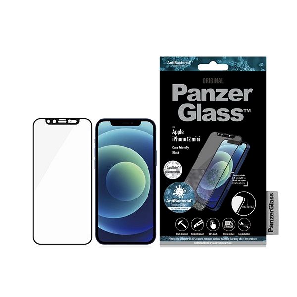 Üvegfólia PanzerGlass Edge-to-Edge antibakteriális Apple iPhone 12 mini készülékhez, tiszta Swarovski CamSlide Csomagolás/doboz