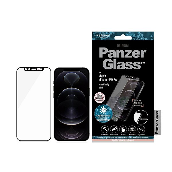 Ochranné sklo PanzerGlass Edge-to-Edge Antibacterial pro Apple iPhone 12/12 Pro s růžovým Swarovski CamSlider Obal/krabička