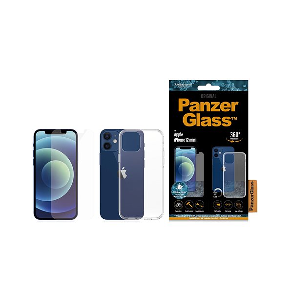 Schutzglas PanzerGlass Standard Antibacterial Bundle für Apple iPhone 12 mini (PanzerGlass Glas + transparentes TPU) Verpackung/Box