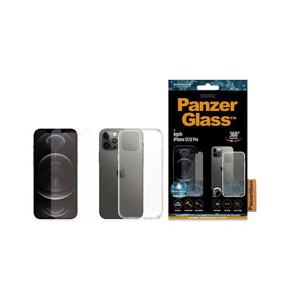 Schutzglas PanzerGlass Standard Antibacterial Bundle für Apple iPhone 12/12 Pro (PanzerGlass Glas + transparentes TPU) Verpackung/Box