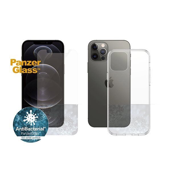 Üvegfólia PanzerGlass standard antibakteriális csomag Apple iPhone 12/12 Pro készülékhez (PanzerGlass üveg + átlátszó TPU) Jellemzők/technológia