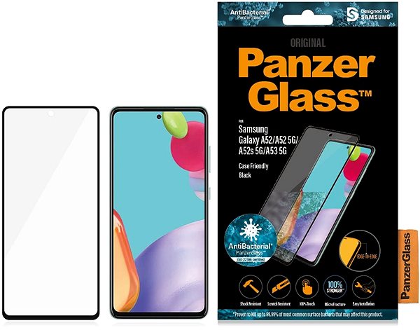 Schutzglas PanzerGlass Edge-to-Edge Antibacterial für Samsung Galaxy A52/A52 5G/A52s 5G/A53 5G Verpackung/Box