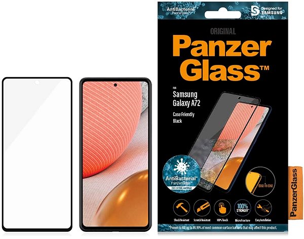 Schutzglas PanzerGlass Edge-to-Edge Antibacterial für Samsung Galaxy A72 Verpackung/Box