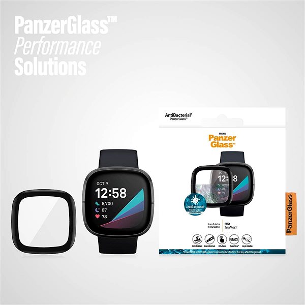 Schutzglas PanzerGlass SmartWatch Antibacterial für Fitbit Sense / Versa 3 Mermale/Technologie