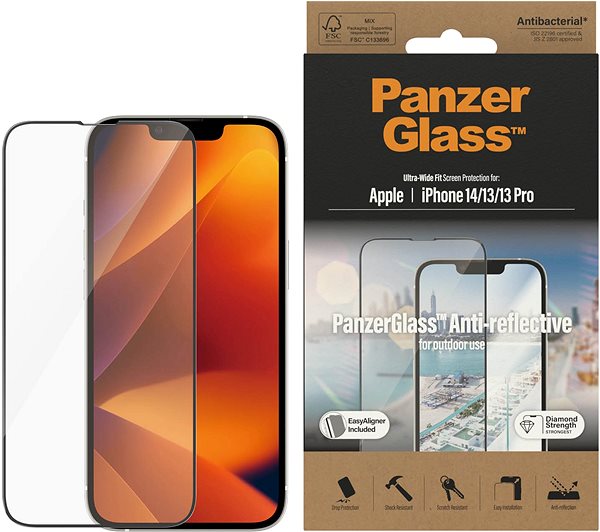 Schutzglas PanzerGlass Apple iPhone 14/13/13 Pro mit Antireflexionsbeschichtung und Einbaurahmen ...