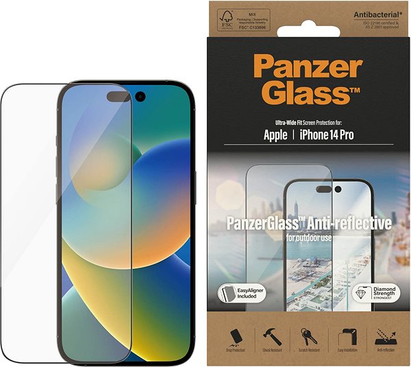 Schutzglas PanzerGlass Apple iPhone 14 Pro mit Antireflexionsbeschichtung und Einbaurahmen ...